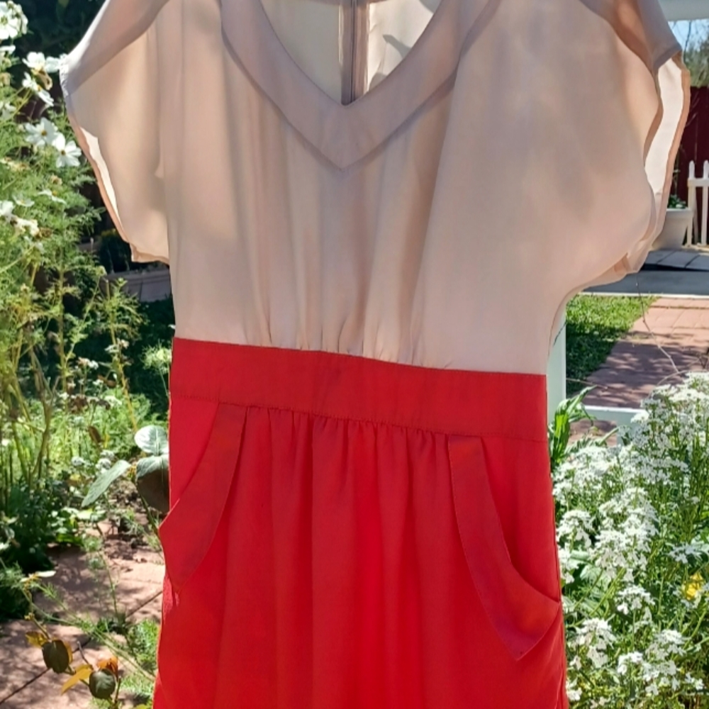 Red Angel sleeves sheen pocket sheath dress